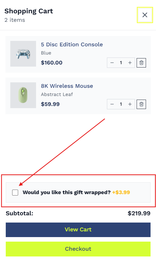 Cart Drawer Gift Wrapping Widget Preview